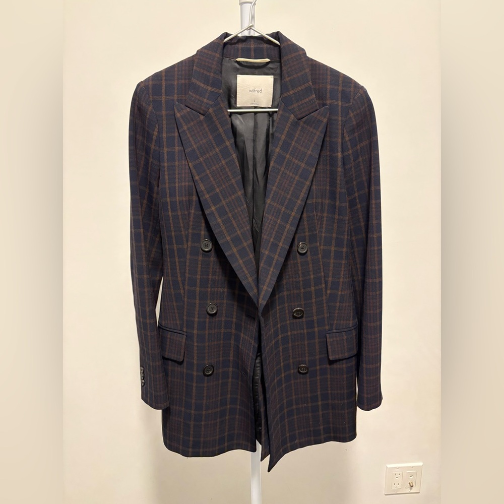 Aritzia Wilfred navy and brown long plaid wool blazer